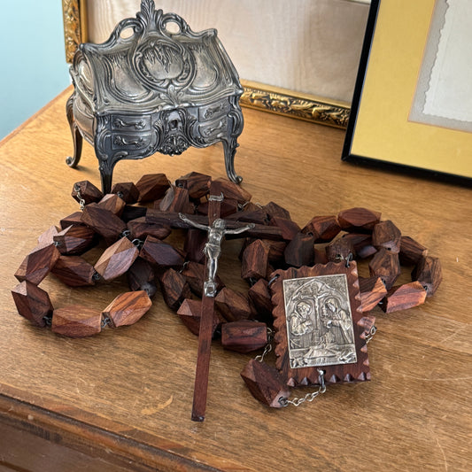 Vintage Wood & Silver Plate Wall Rosary