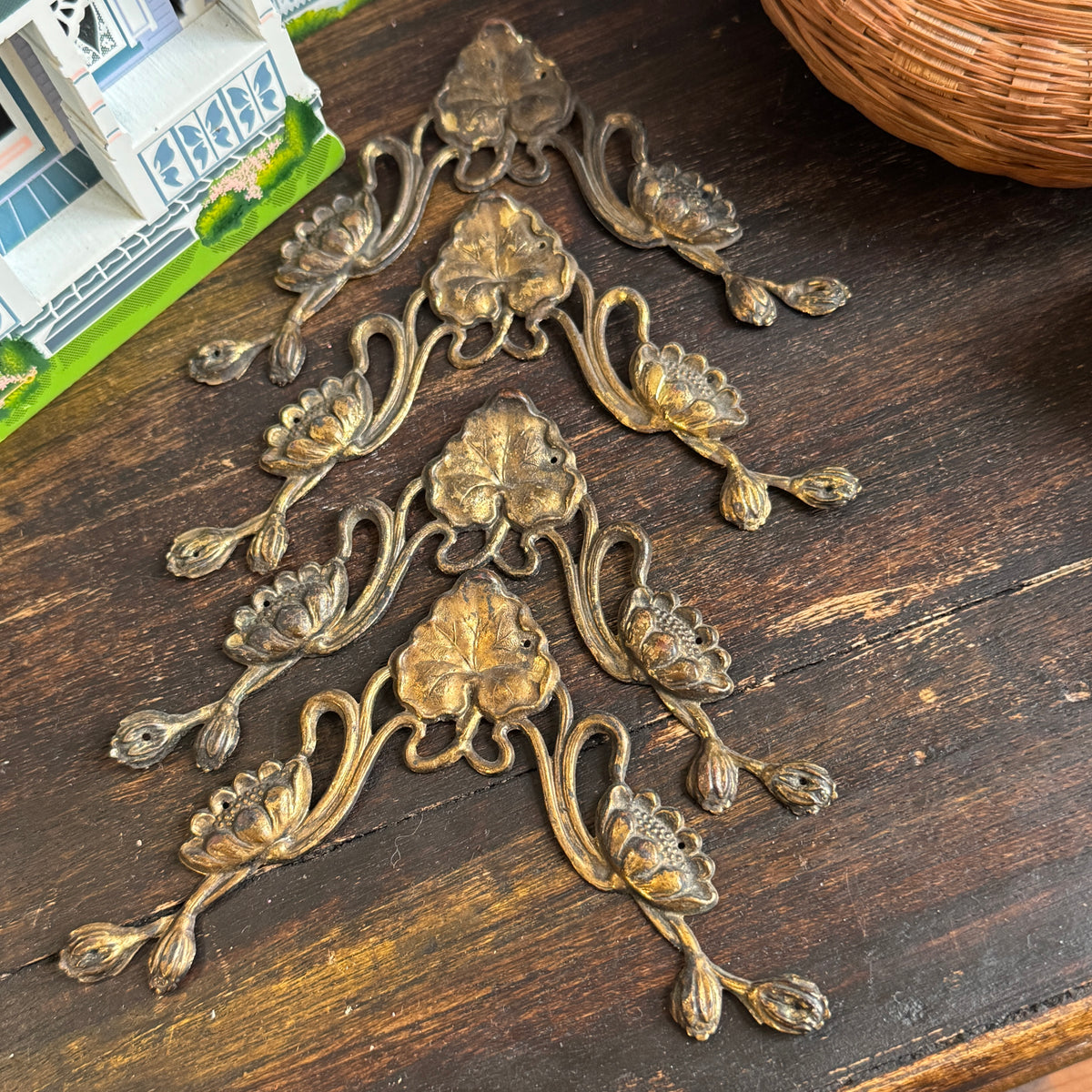 Antique Art Nouveau Cast Brass Geranium Leaf Appliqués, Set of 4