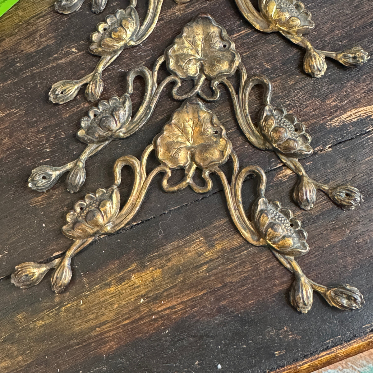 Antique Art Nouveau Cast Brass Geranium Leaf Appliqués, Set of 4