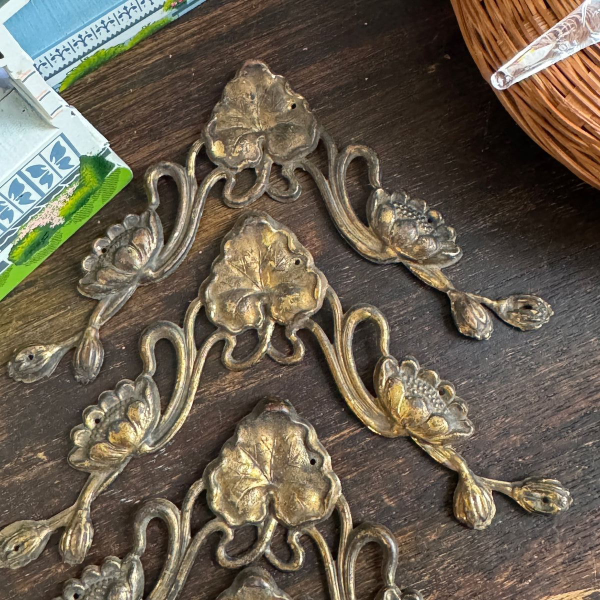 Antique Art Nouveau Cast Brass Geranium Leaf Appliqués, Set of 4