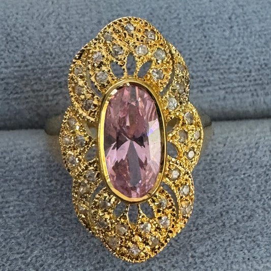 Vintage Gilt Sterling Silver Princess Pink Semi Precious Gemstone and Diamond Ring Sze 7-1/4