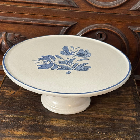 Yorktowne Pfaltzgraff Stoneware Pedestal Cake Stand Blue FLoral USA