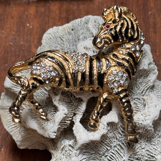 Vintage Black Enameled Rhinestone Zebra Pin