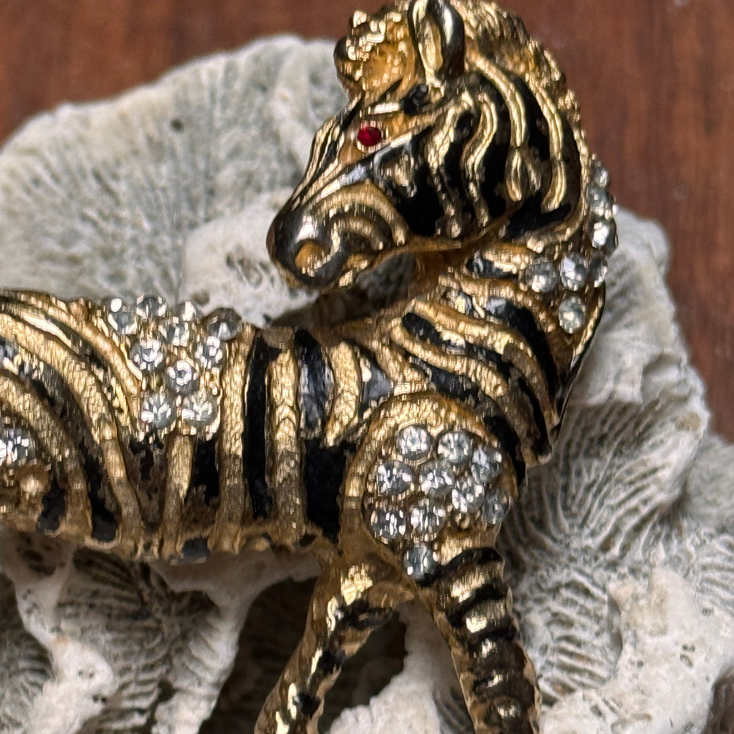 Vintage Black Enameled Rhinestone Zebra Pin