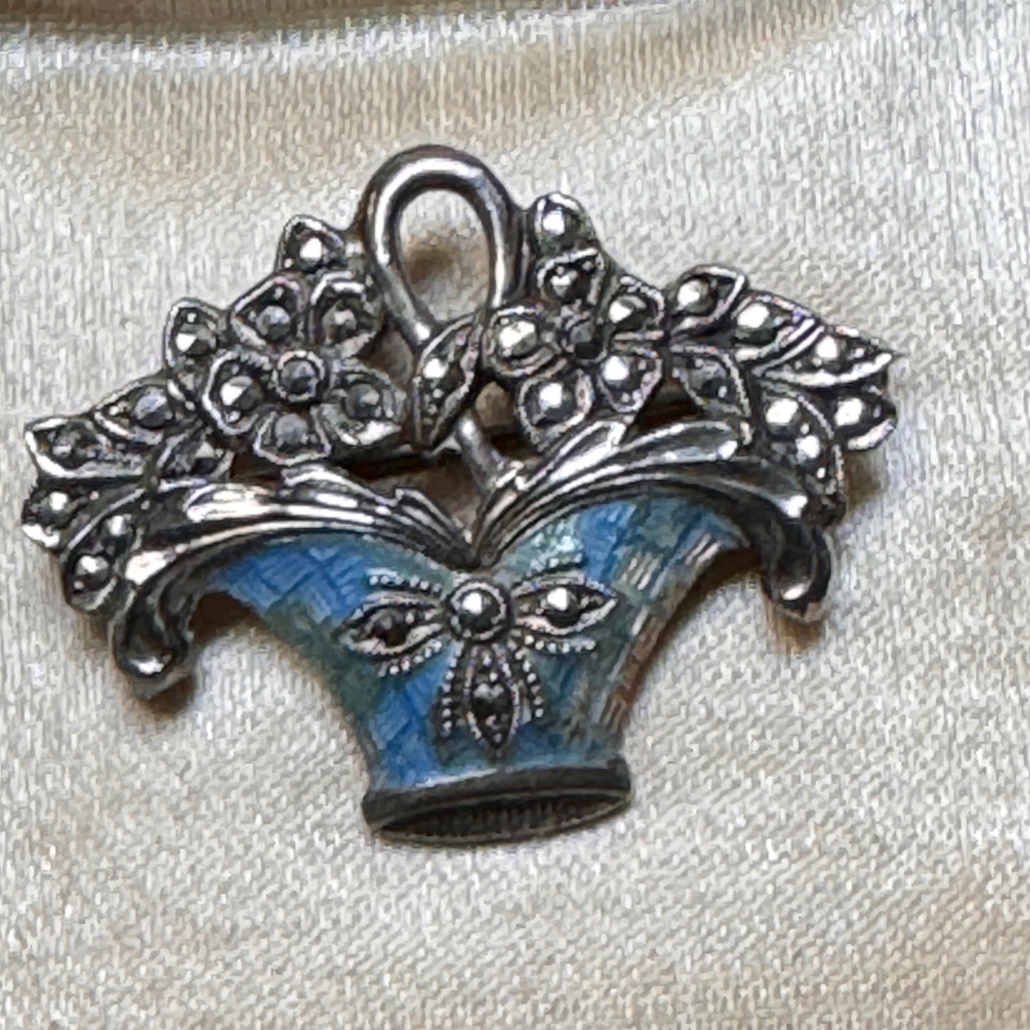 Vintage Sterling Silver & Marcasite Enamel Basket Pin