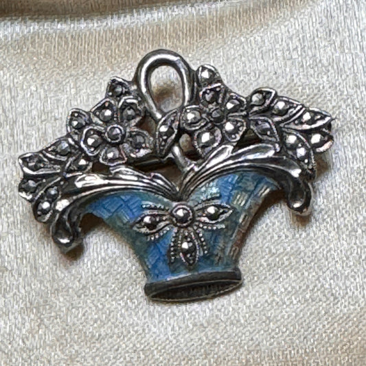 Vintage Sterling Silver & Marcasite Enamel Basket Pin