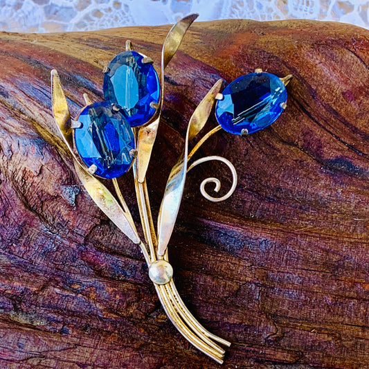 Vintage 1940's Stylized  Blue Faceted Glass Floral Spray Pin
