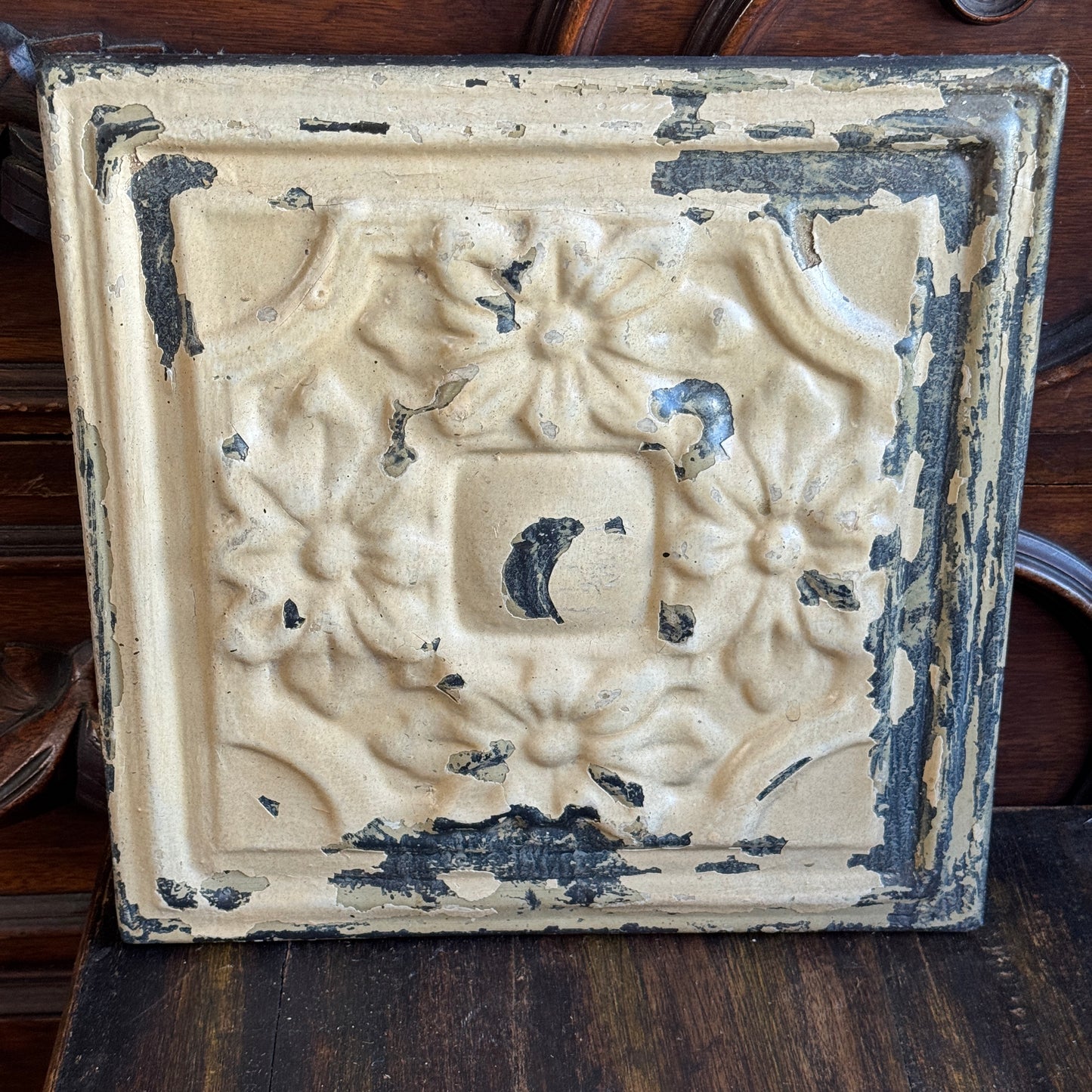 Restored Antique Soft White Chippy Floral Ceiling Tin Framed Art