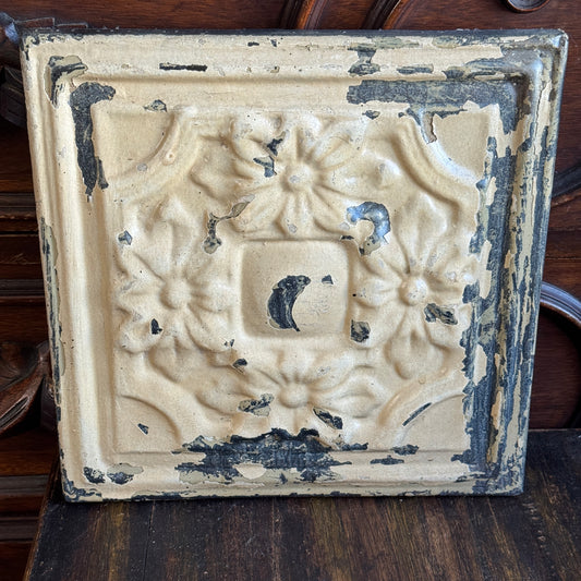 Restored Antique Soft White Chippy Floral Ceiling Tin Framed Art