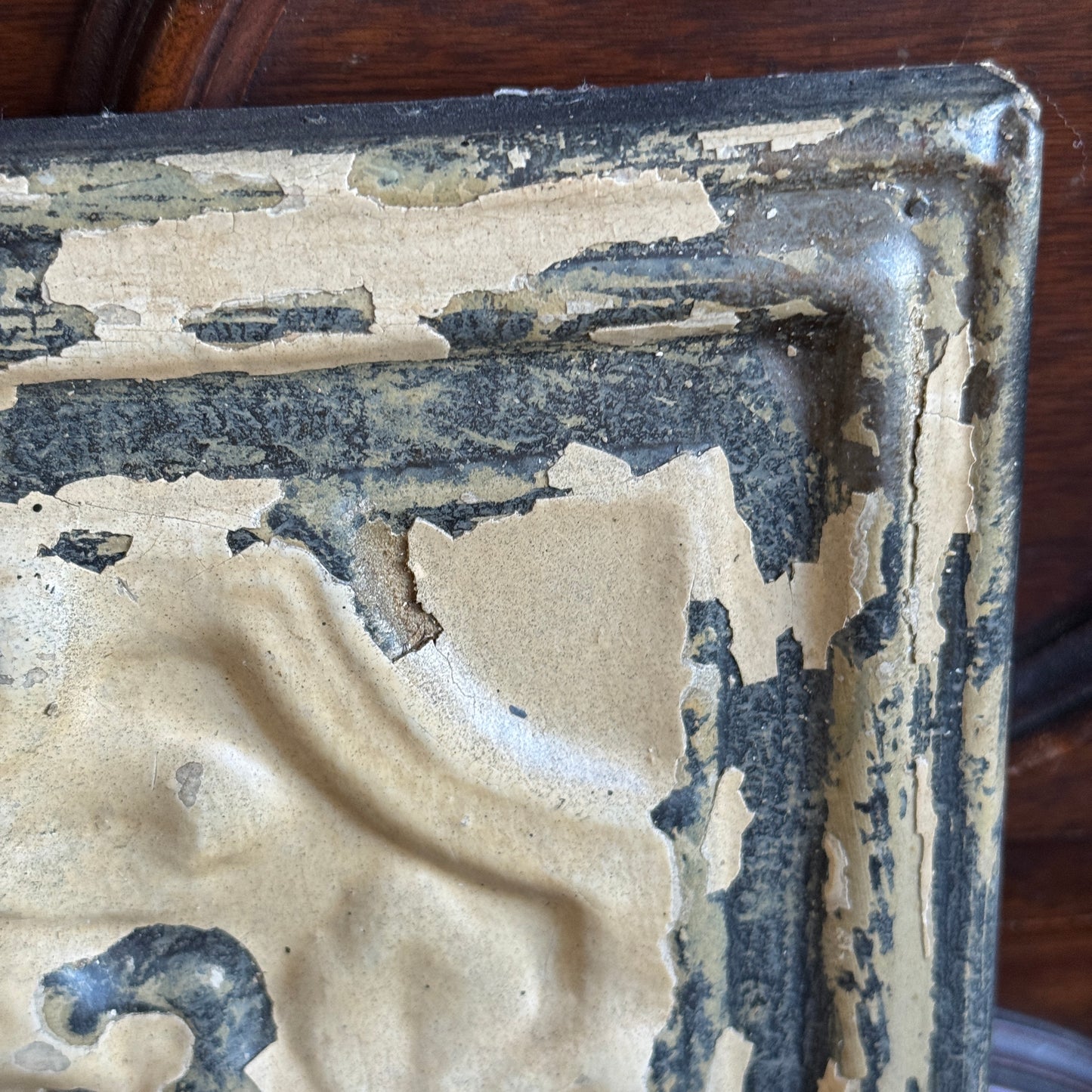 Restored Antique Soft White Chippy Floral Ceiling Tin Framed Art