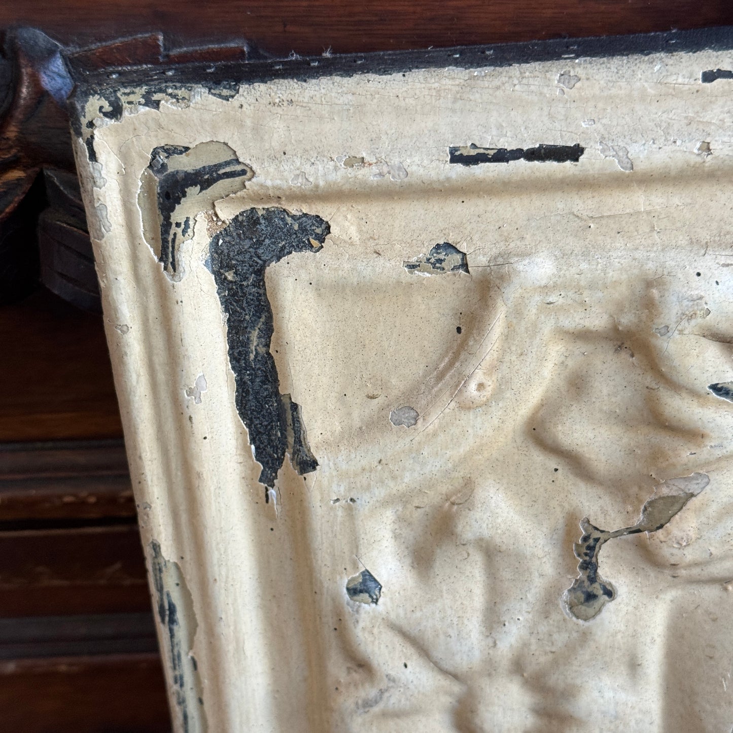 Restored Antique Soft White Chippy Floral Ceiling Tin Framed Art