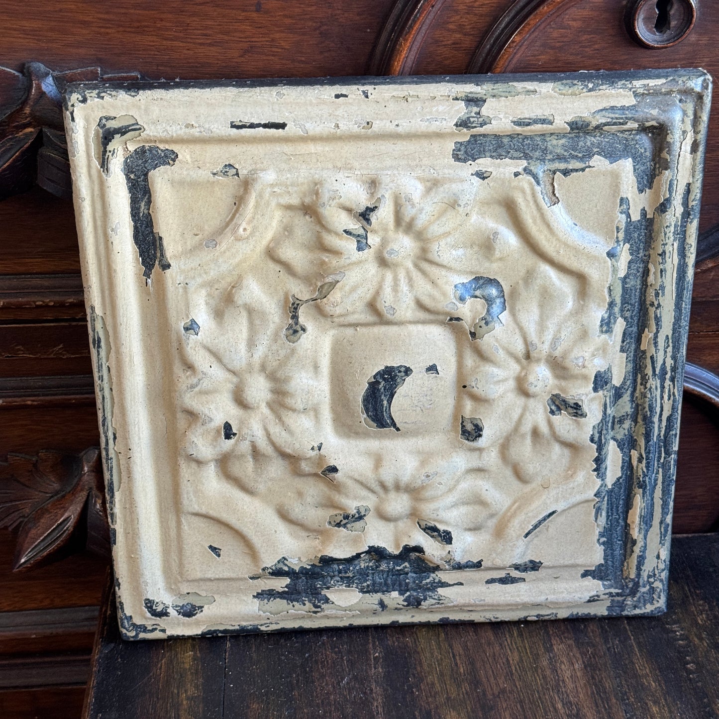 Restored Antique Soft White Chippy Floral Ceiling Tin Framed Art