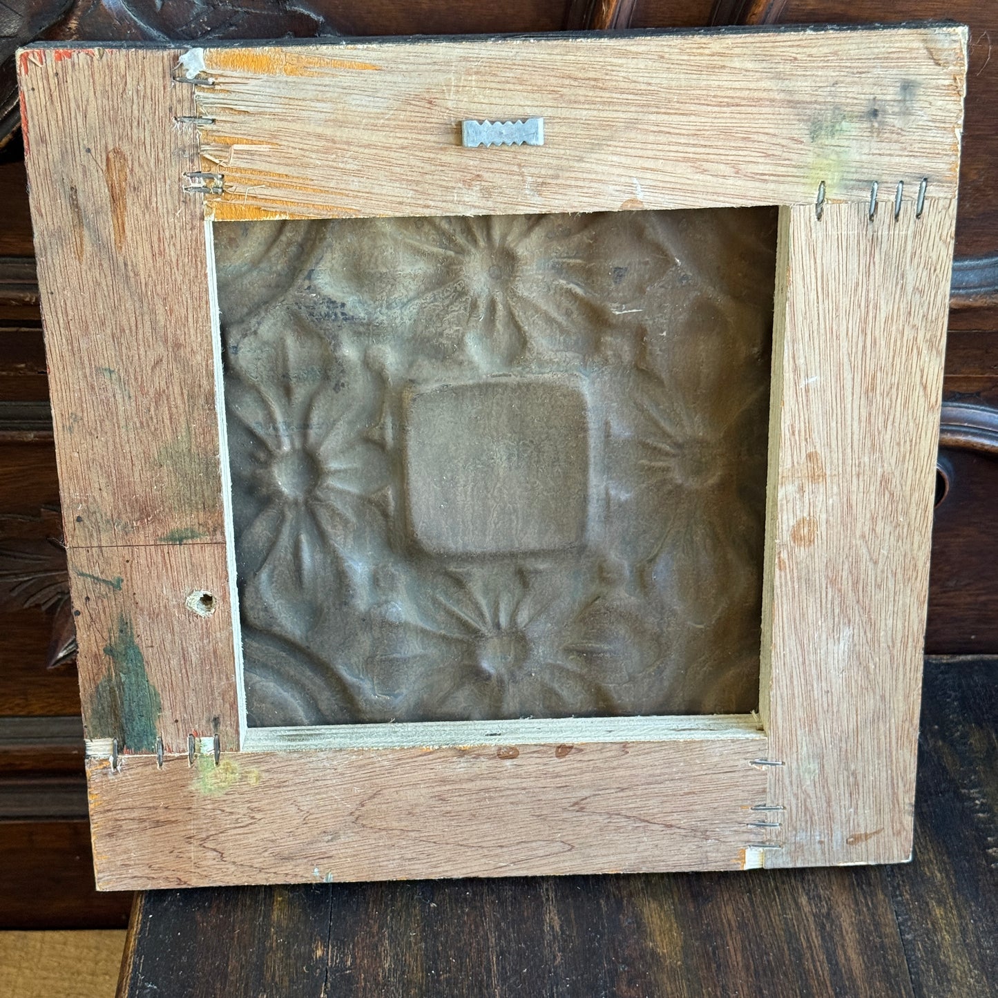 Restored Antique Soft White Chippy Floral Ceiling Tin Framed Art