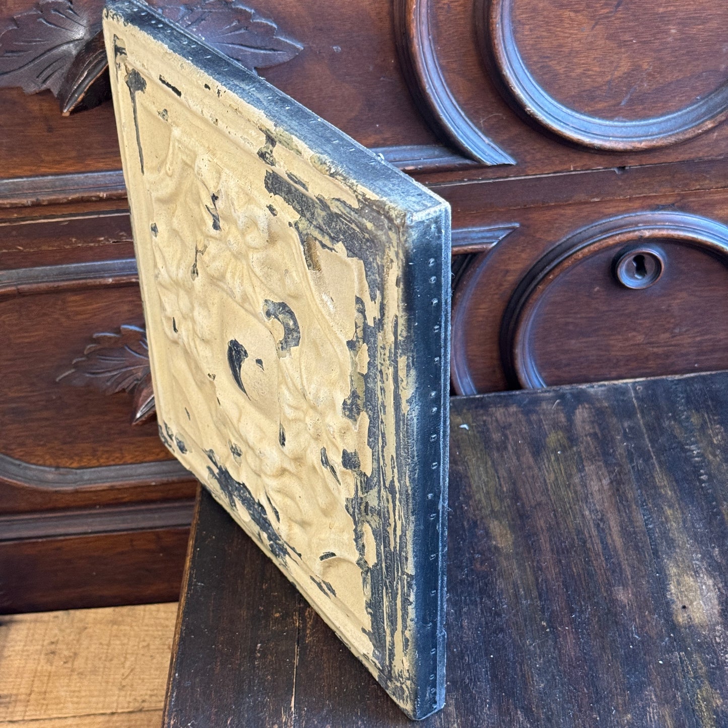 Restored Antique Soft White Chippy Floral Ceiling Tin Framed Art