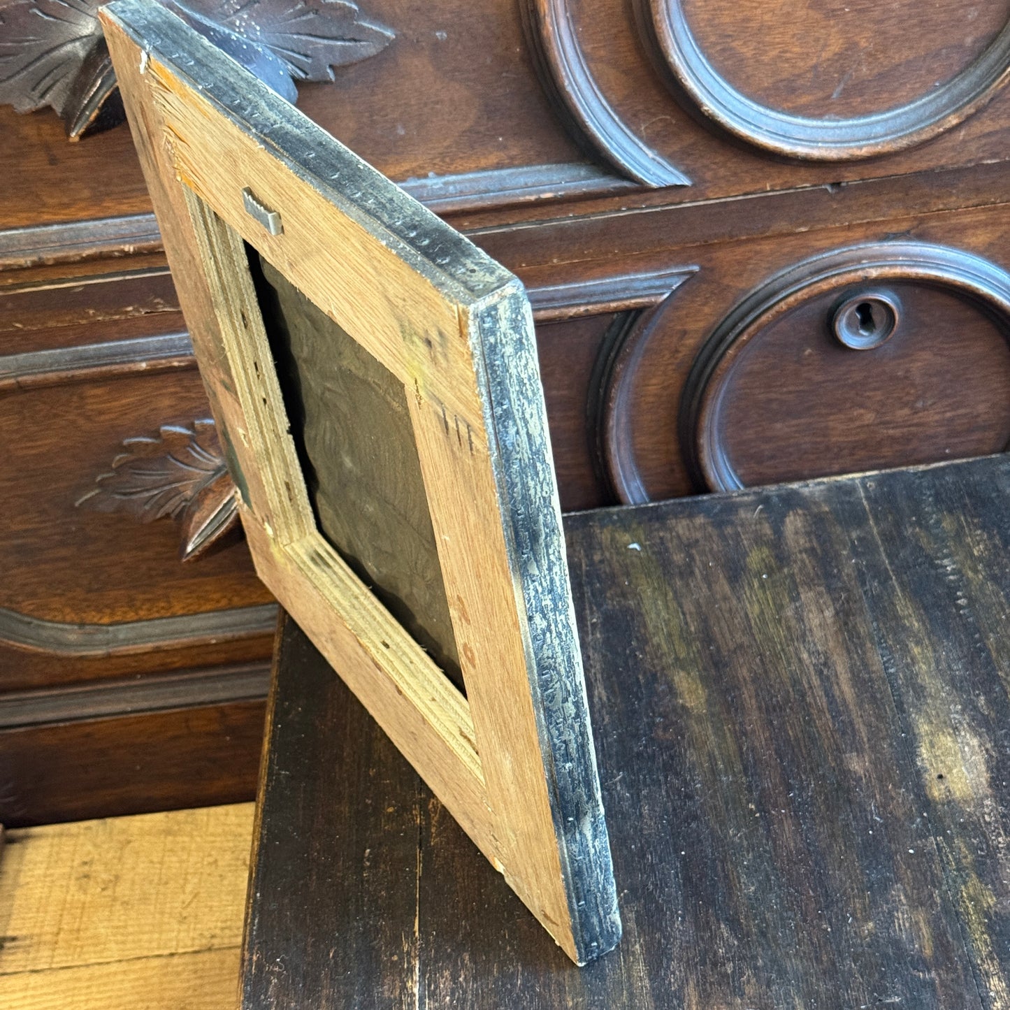 Restored Antique Soft White Chippy Floral Ceiling Tin Framed Art