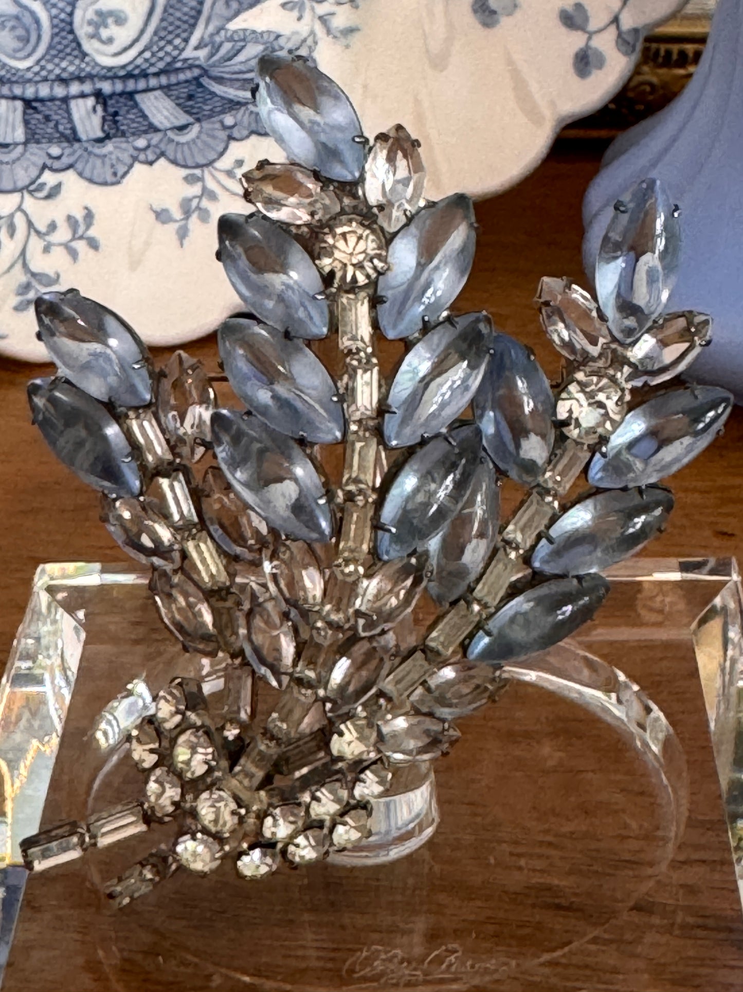 Vintage Soft Blue Navette and Clear Rhinestone Stylized Floral Spray Pin