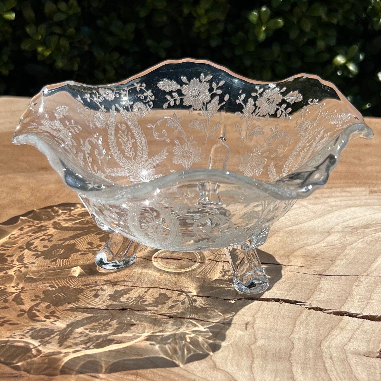 Vintage Floral Etched Clear Glass Footed Mayonnaise Bowl