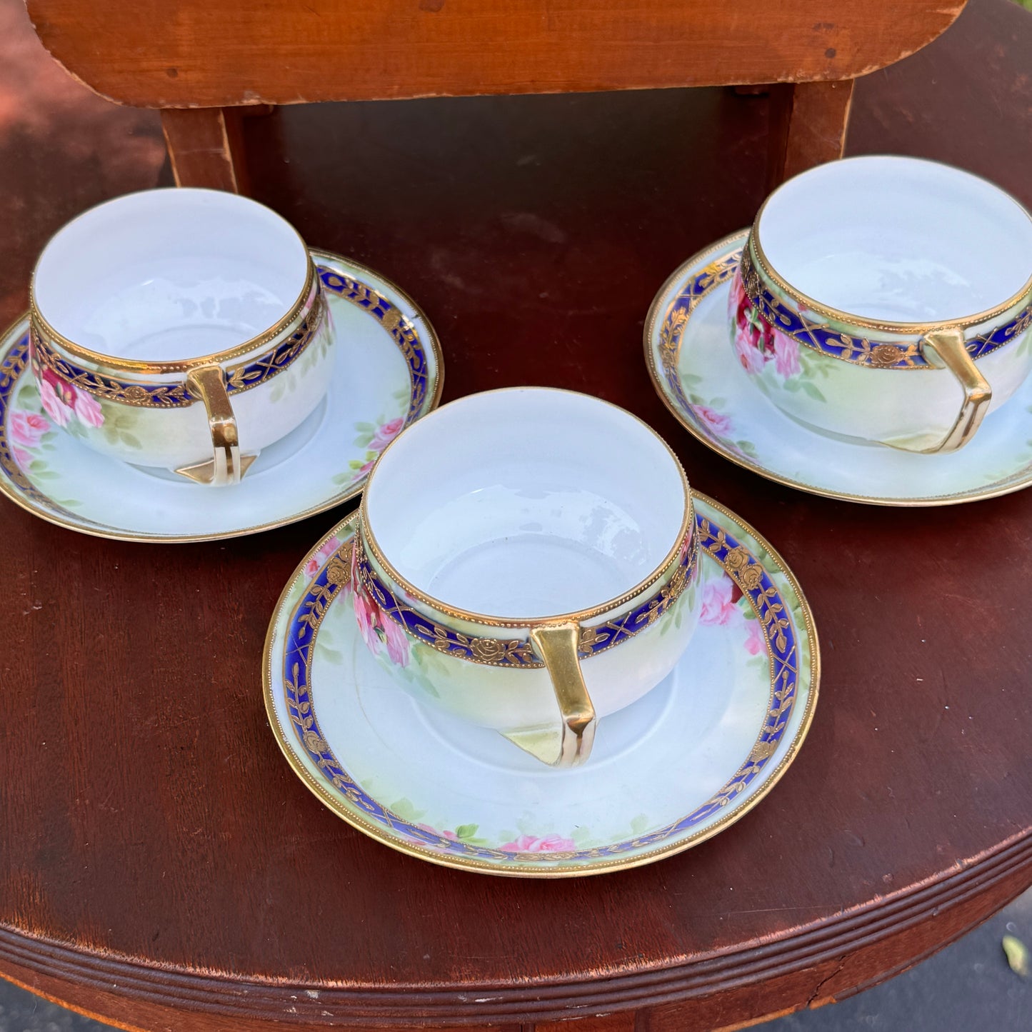 Five Hand Painted Nippon Japanese Cabbage Rose Raised Gold Tea Cups & Saucers