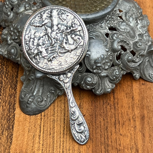 Vintage Danish Repousse Silver Plated Miniature Hand Mirror
