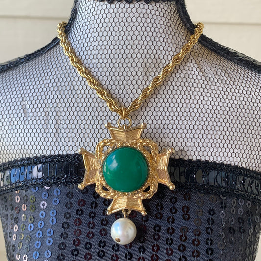 Vintage Green Glass Cabochon Maltese Cross Pendant Necklace