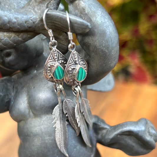 Vintage Sterling Silver & Malachite Semi Precioous Gemstone Feather Earrings