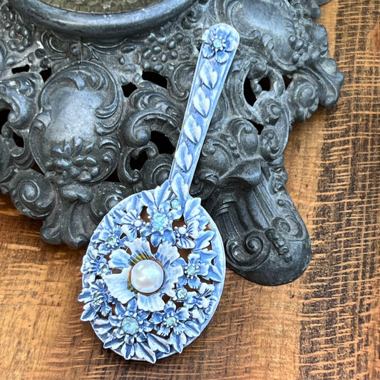 Vintage Florenza Blue & White Rhinestone & Pearl Miniature Hand Mirror