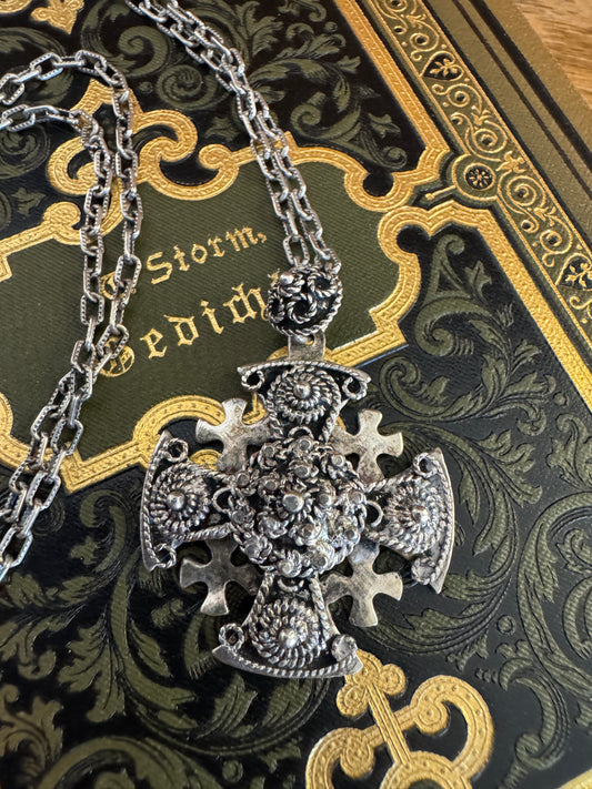 950 Silver Jerusalem Maltese Crusader Cross Pendant Necklace