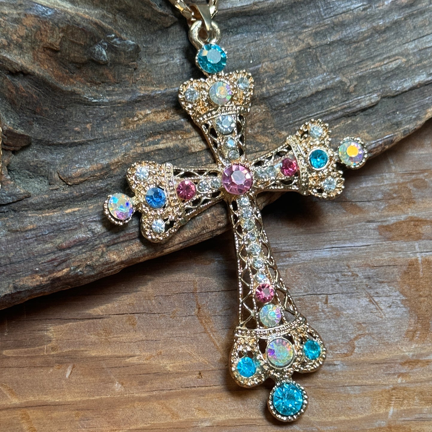 Betsy Johnson Pastel Rhinestone Regal Crown Cross Necklace