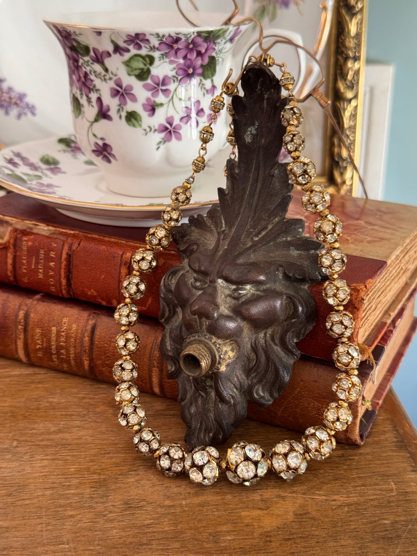 Vintage Graduated Rhinestone Deco Ball Gold Necklace