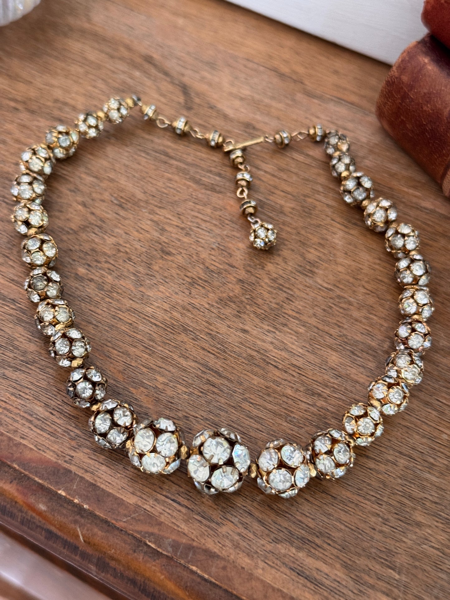 Vintage Graduated Rhinestone Deco Ball Gold Necklace