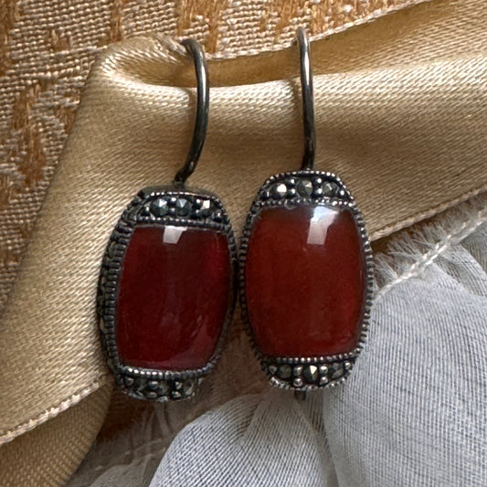 Vintage Sterling Silver, Carnelian Semi Precious Gemstone and Marcasite Earrings