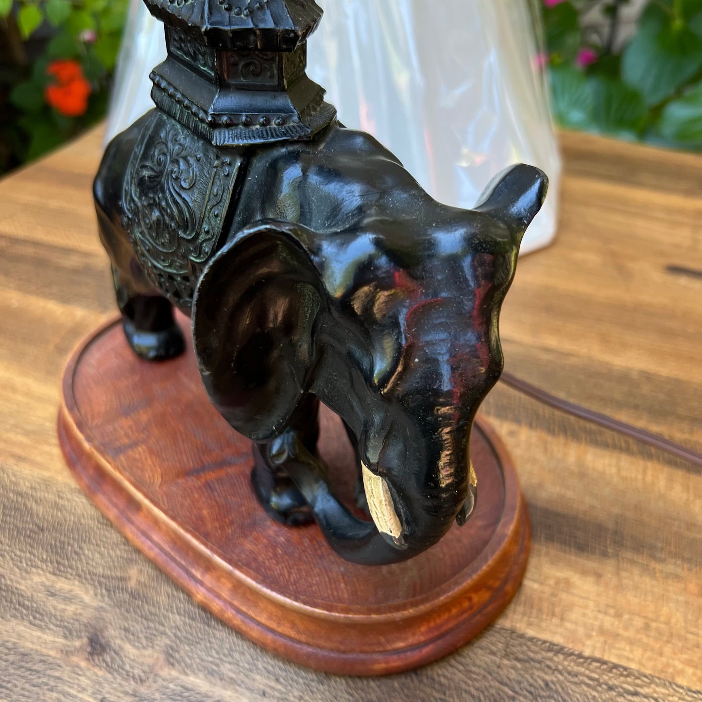 Black Cast Iron Elephant Lamp with Wooden Stand & Shade