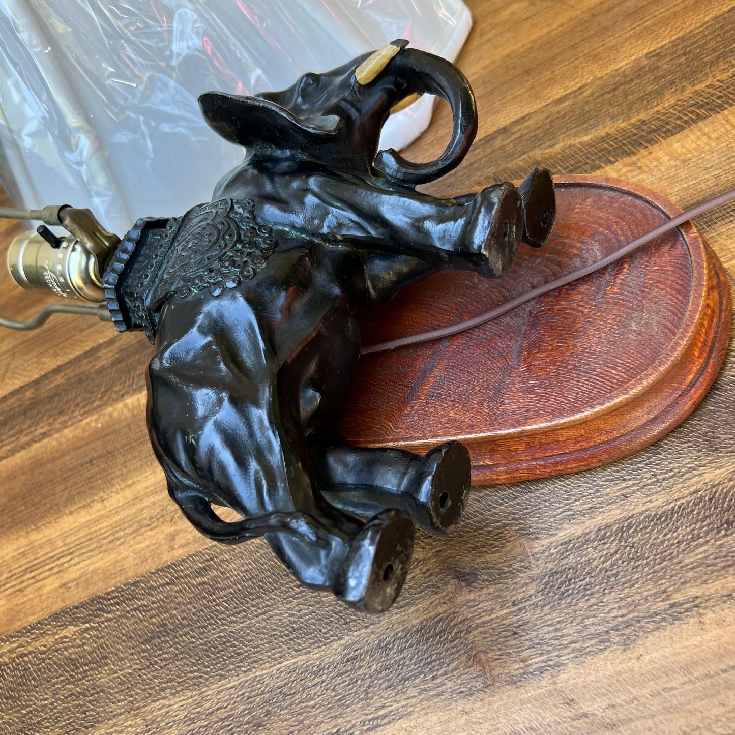 Black Cast Iron Elephant Lamp with Wooden Stand & Shade