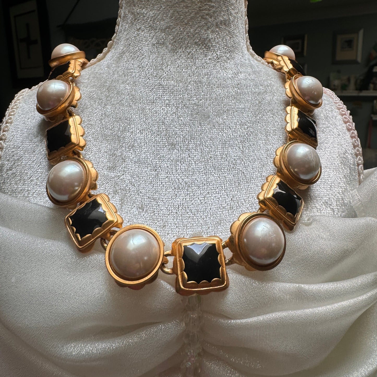 Ann Klein Vintage Byzantine Black Enamel and Faux Cabochon Pearl Necklace