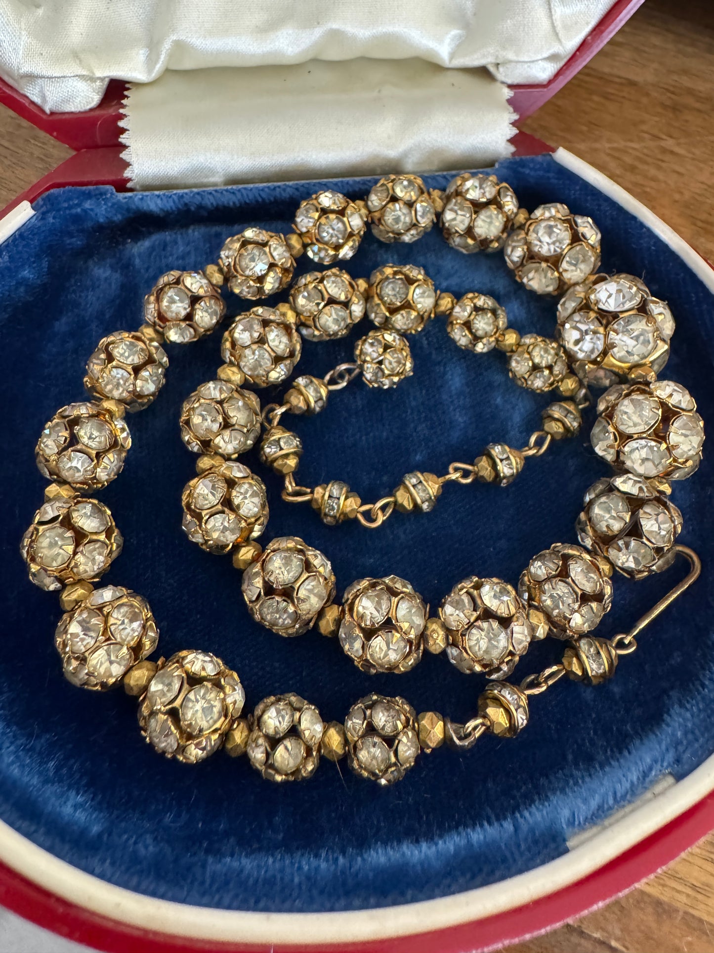 Vintage Graduated Rhinestone Deco Ball Gold Necklace