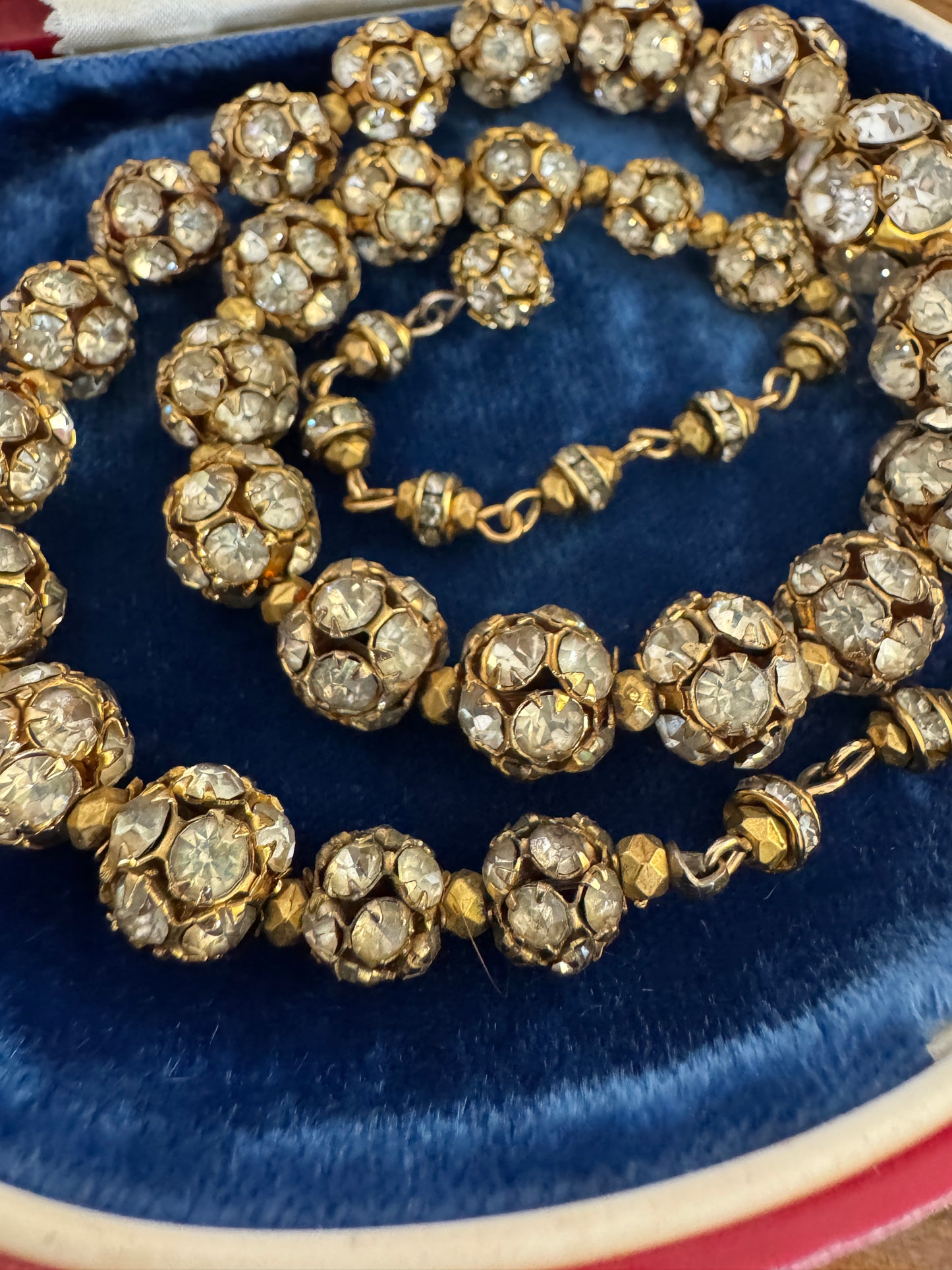 Vintage Graduated Rhinestone Deco Ball Gold Necklace