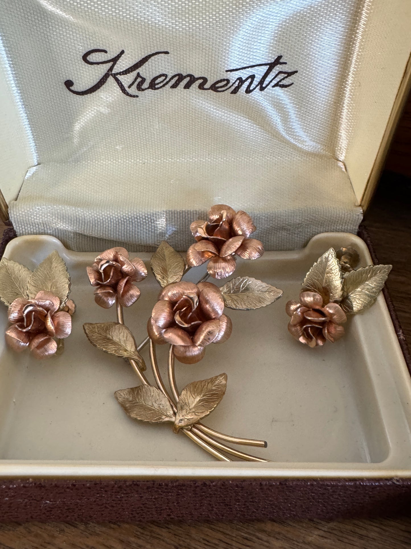 Vintage Krementz 14K Overlay Rose Brooch and Earrings