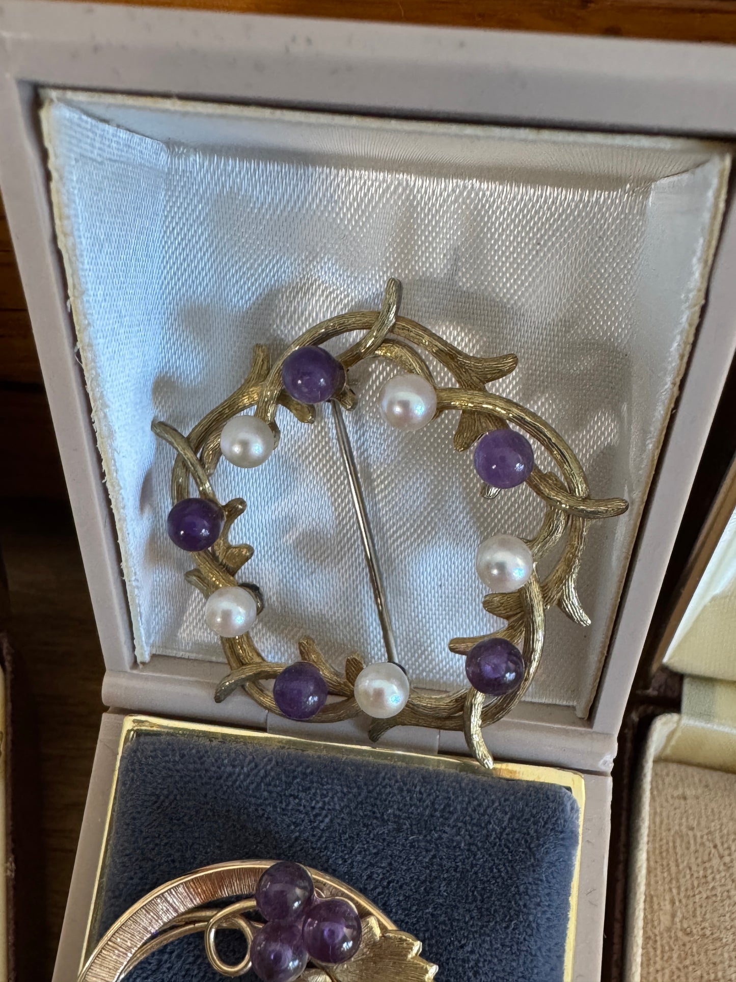 Set of 3 Krementz 14K Overlay Amethyst Semi Precious Gemstone Bead & Cultured Pearl Pins