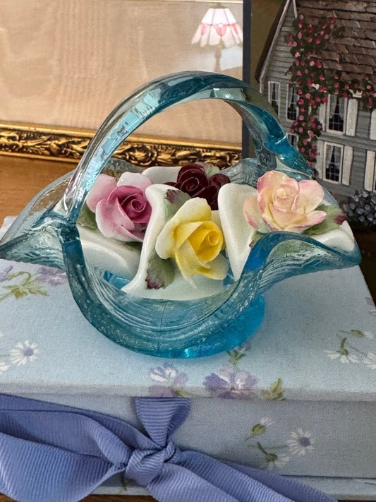 Vintage Blue Westmoreland Handled Glass Basket Aynsley Bone China Place Holders