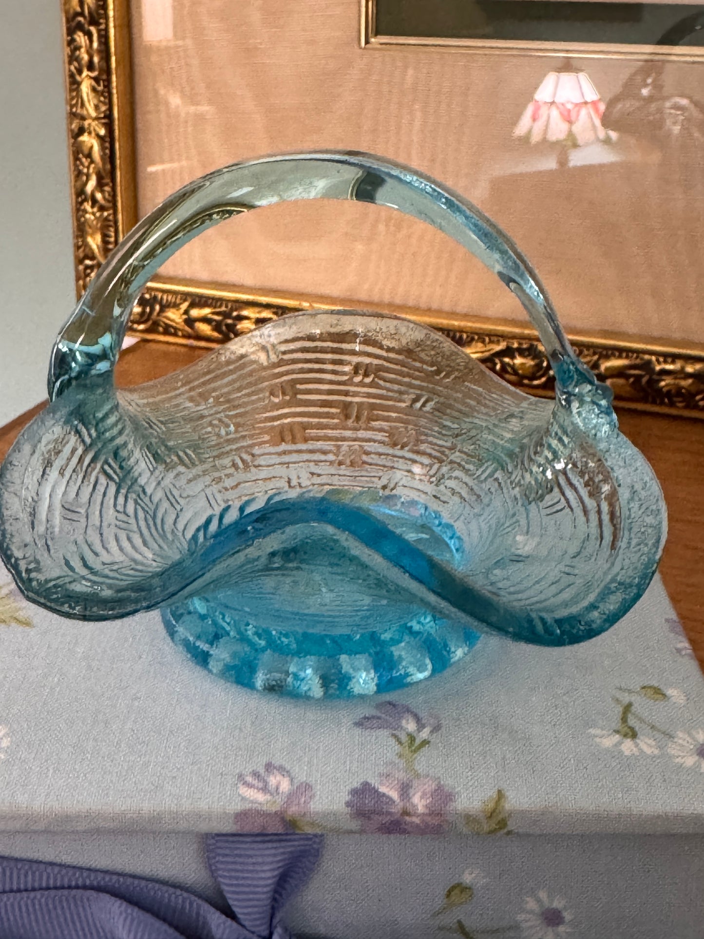 Vintage Blue Westmoreland Handled Glass Basket Aynsley Bone China Place Holders