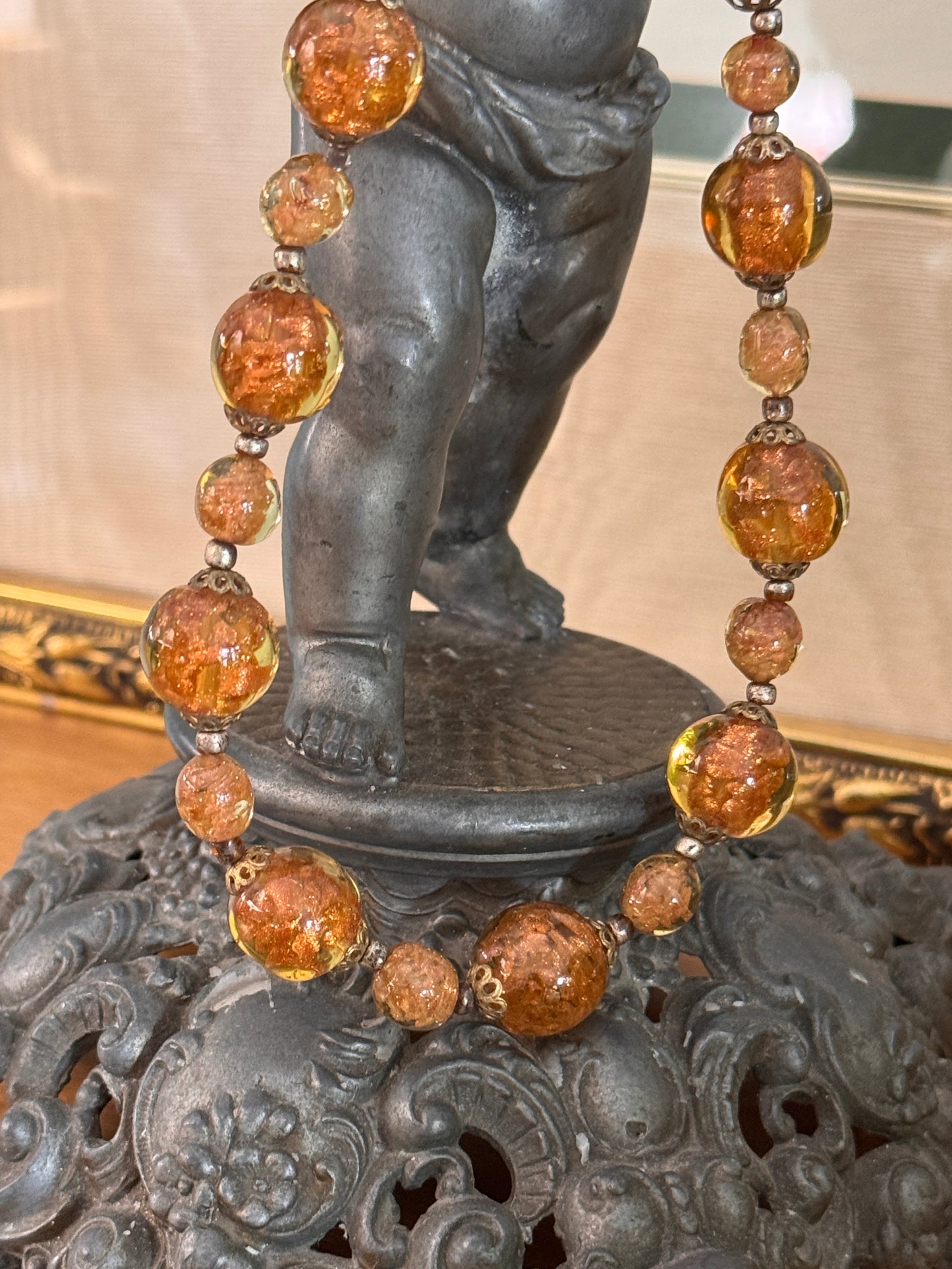 Vintage Italian Venetian Gold Sommerso Glass Bead Necklace