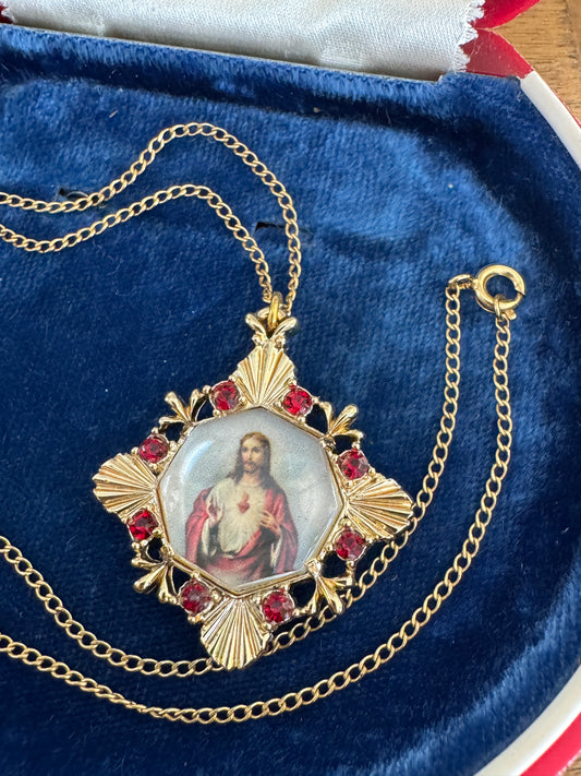 Vintage Sacred Heart of Mary & Jesus Glass Pendant Necklace
