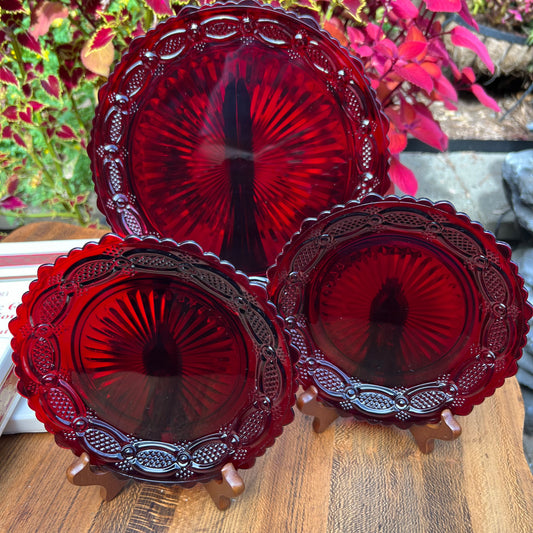 One Vintage Avon Ruby Red Cape Cod 1876 Dinner Plate & 2 Dessert Plates Orig Boxes