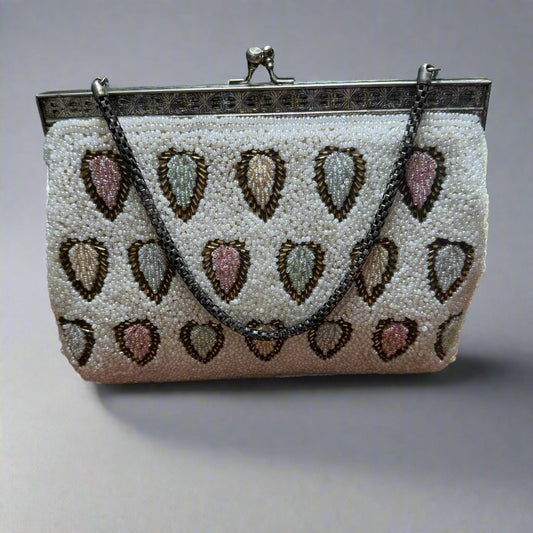 Vintage Soft White Multicolor Beaded Silver Frame Convertible Clutch Evening Bag