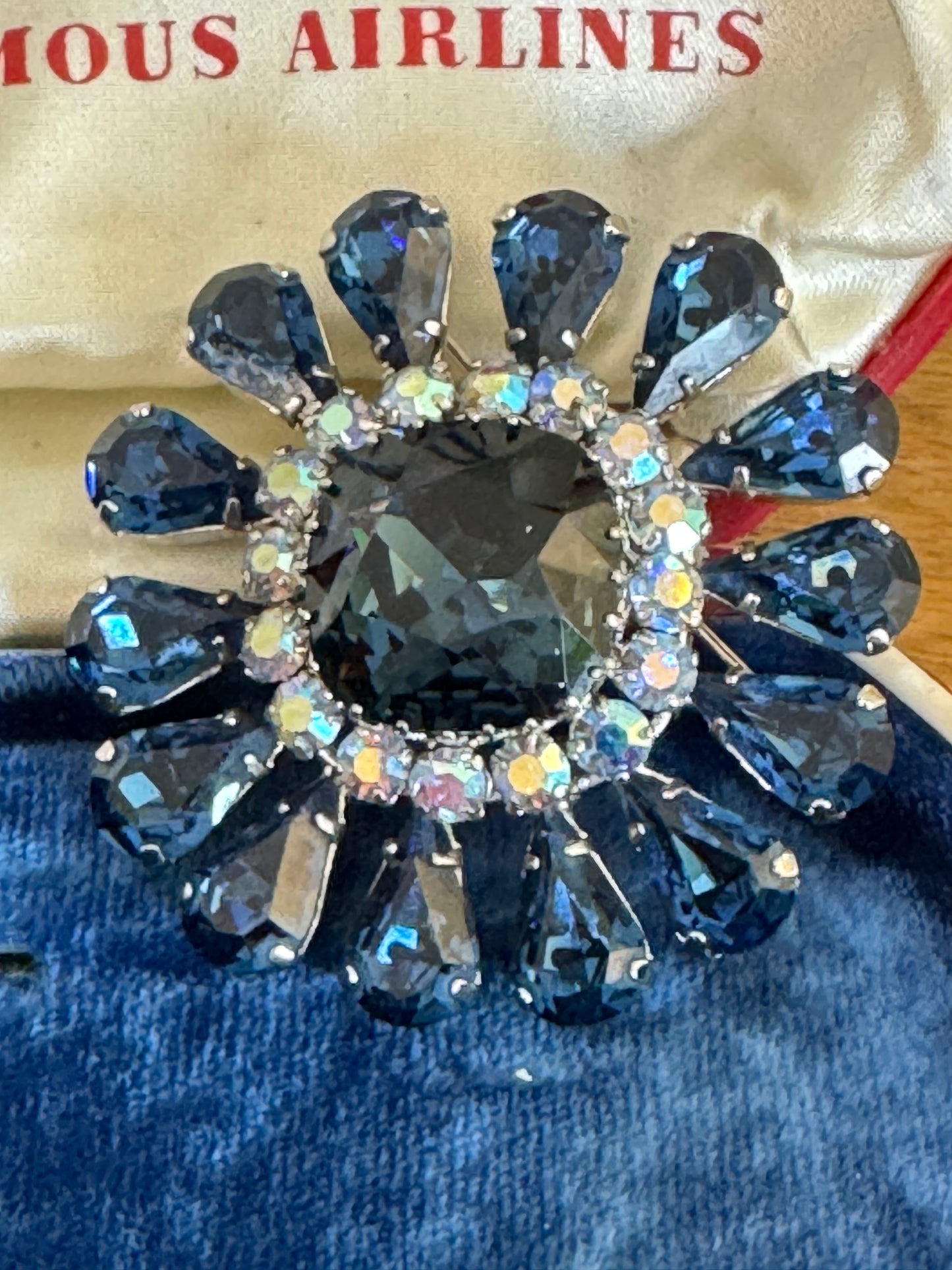 Vintage Austrian Sapphire Blue Multi Faceted Rhinestone Flower Pin
