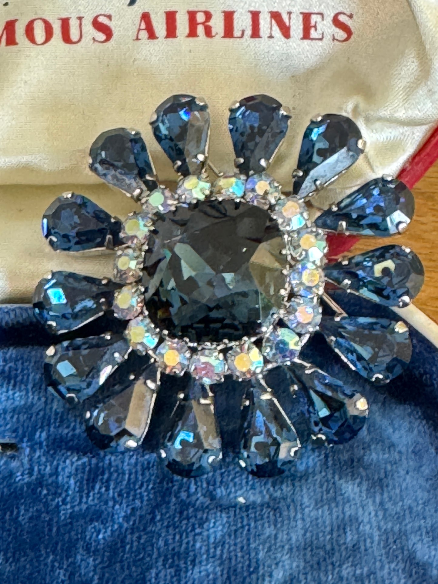 Vintage Austrian Sapphire Blue Multi Faceted Rhinestone Flower Pin