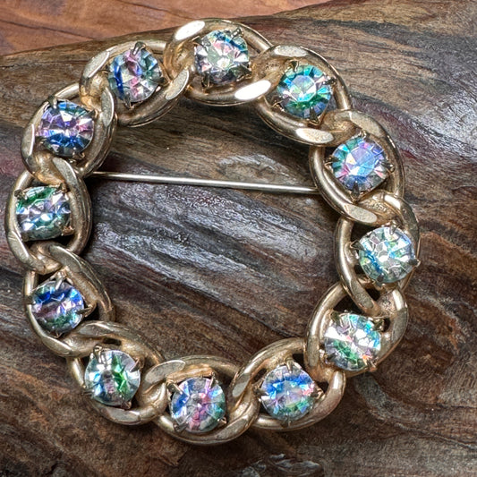 Vintage Czech Iris Glass Striped Rhinestone Pin