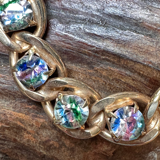 Vintage Czech Iris Glass Striped Rhinestone Pin