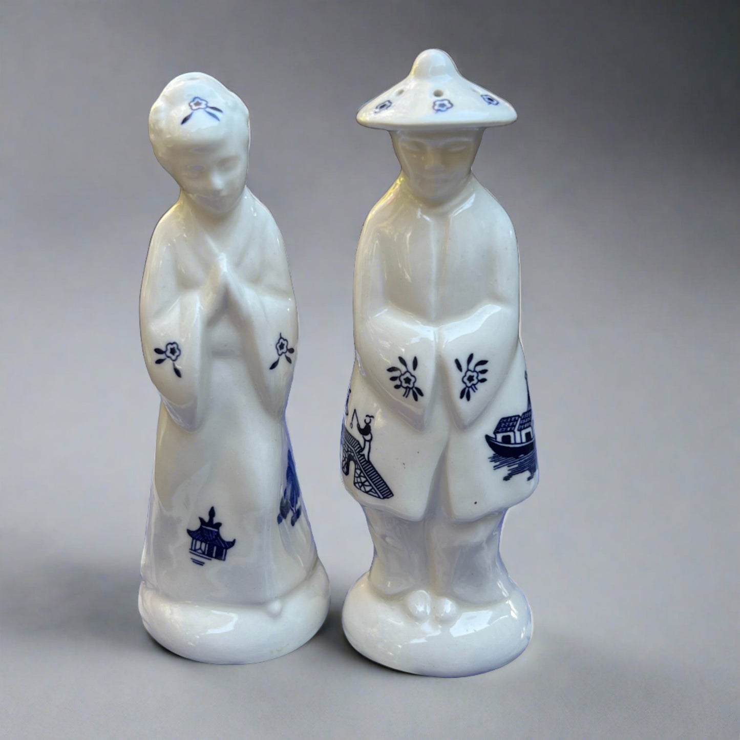 Blue Willow Salt & Pepper Shaker Set Man Woman