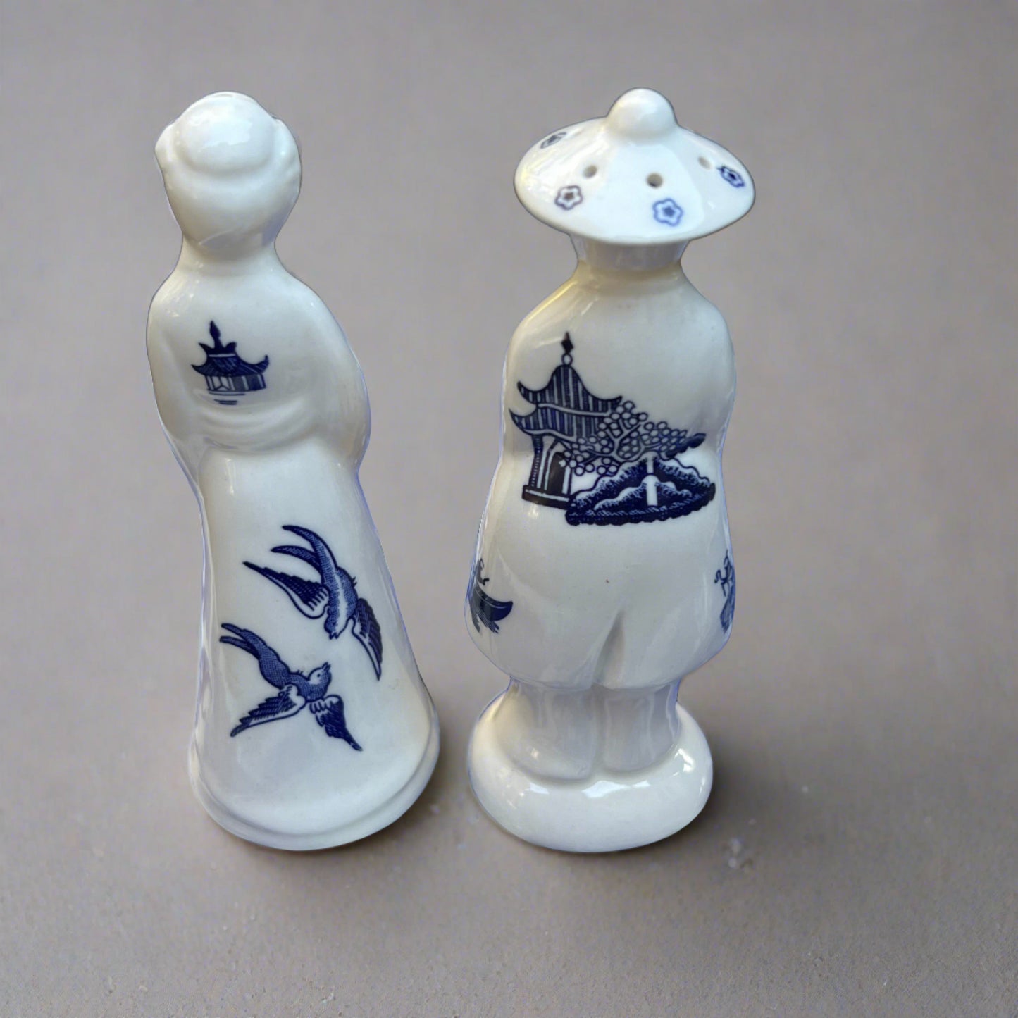 Blue Willow Salt & Pepper Shaker Set Man Woman